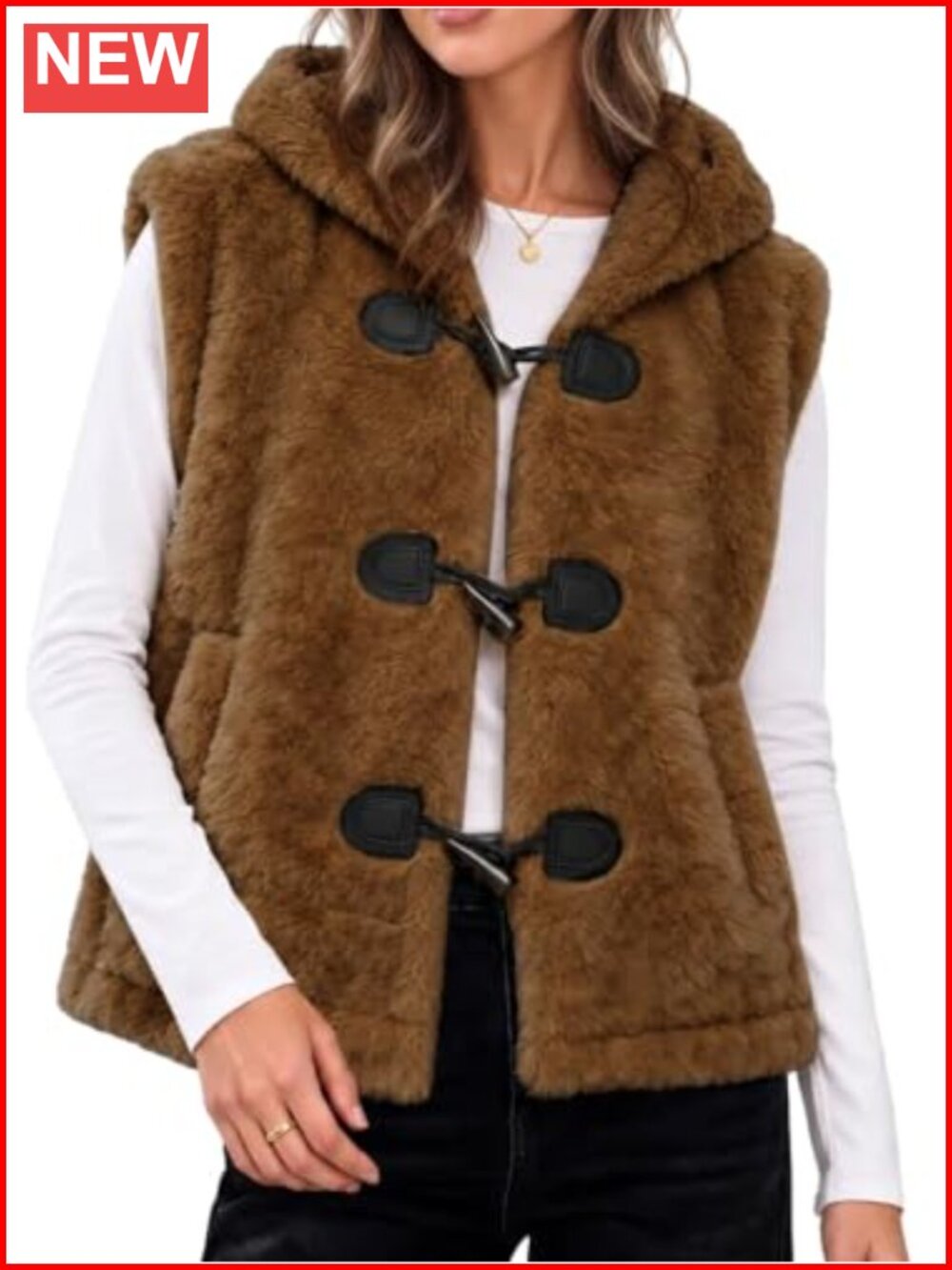 Sherpa Fleece Hooded Vest Sleeveless Cardigan with Pockets